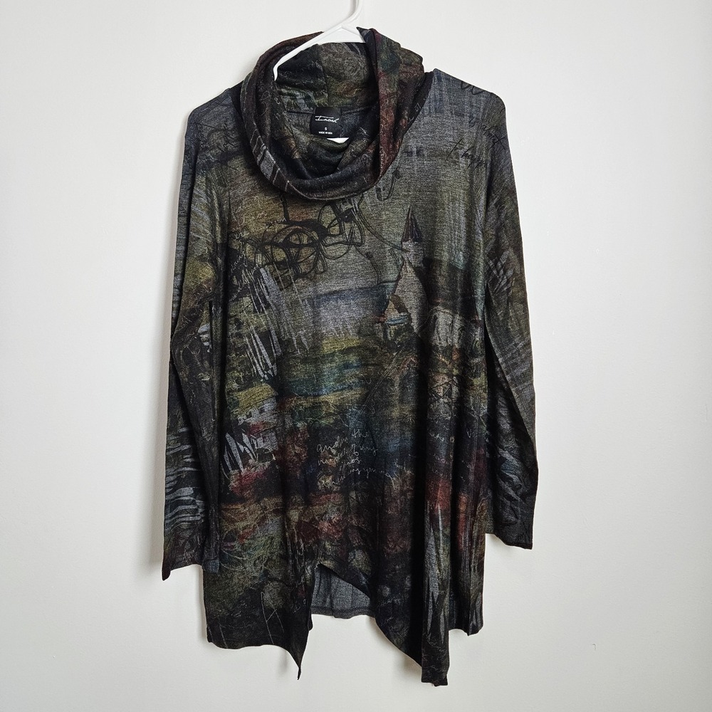 INoah Sweater Sz S Cowl Neck Tunic Long Sleeve Magic Land Art To Wear Whimsy NEW